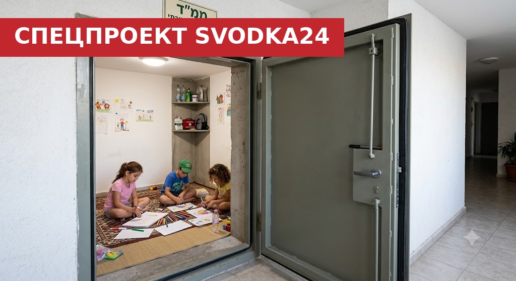 Дети сидят и рисуют внутри мамада — защищённой комнаты в израильской квартире; рядом открытая стальная взрывозащитная дверь